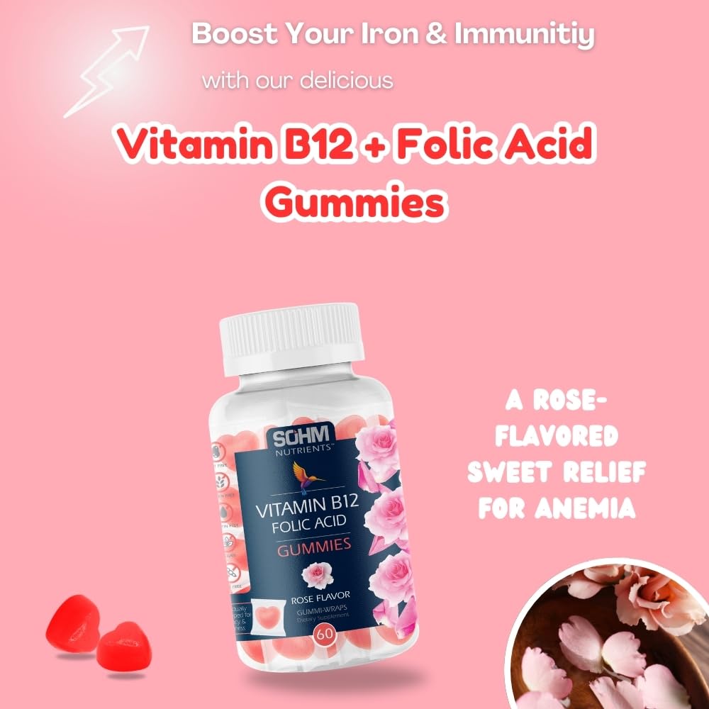 Chewable Folic Acid gummies with Vitamin B12 and 60-count bottle