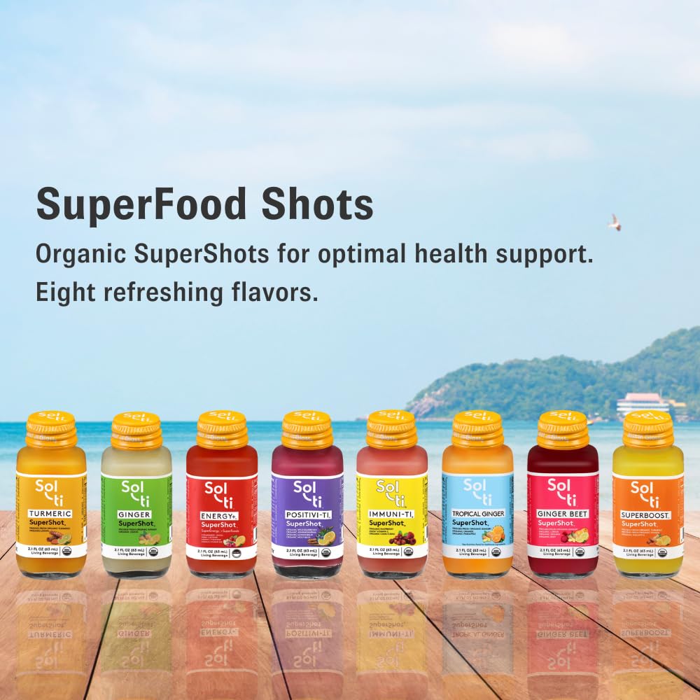 Sol-ti Tropical Ginger SuperShot ingredients panel includes orange, pineapple, and ginger
