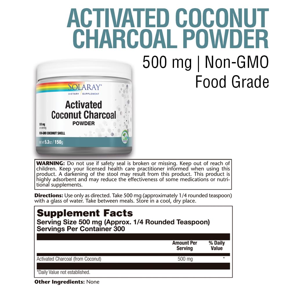Product bottle and label for Solaray Coconut Charcoal Powder 500 mg