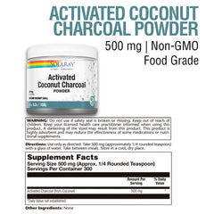 Product bottle and label for Solaray Coconut Charcoal Powder 500 mg