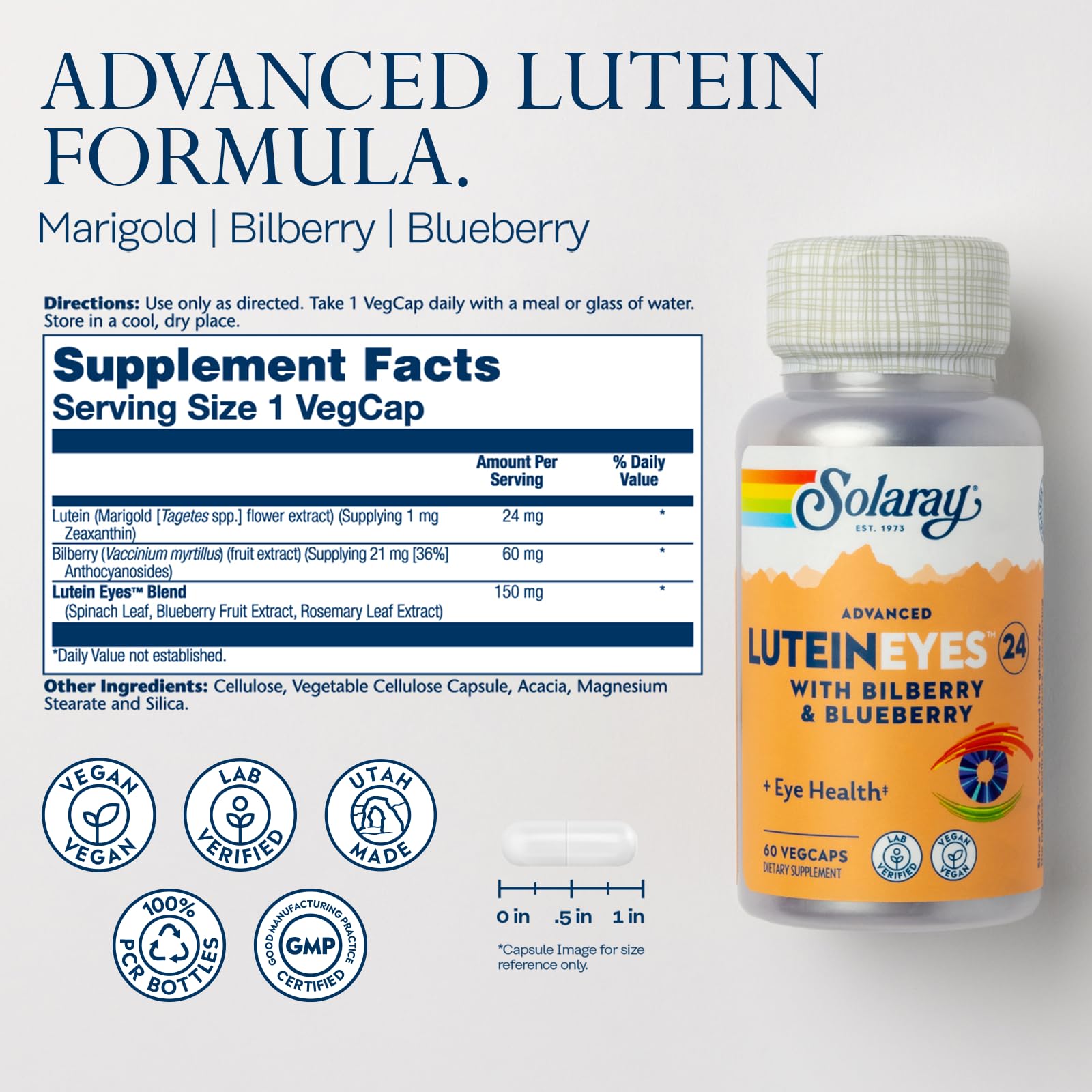 Close-up of label showing 24 mg Lutein and 1 mg Zeaxanthin