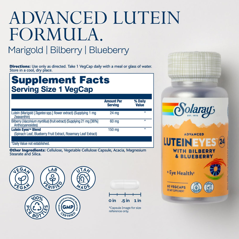 Close-up of label showing 24 mg Lutein and 1 mg Zeaxanthin