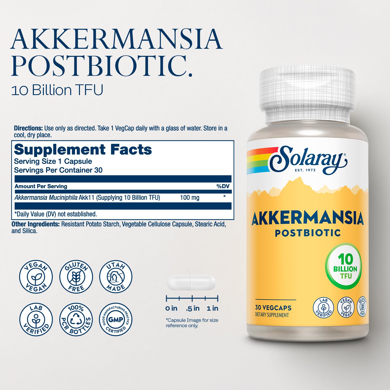 Close-up of 10 Billion TFU claim on Akkermansia Postbiotic packaging