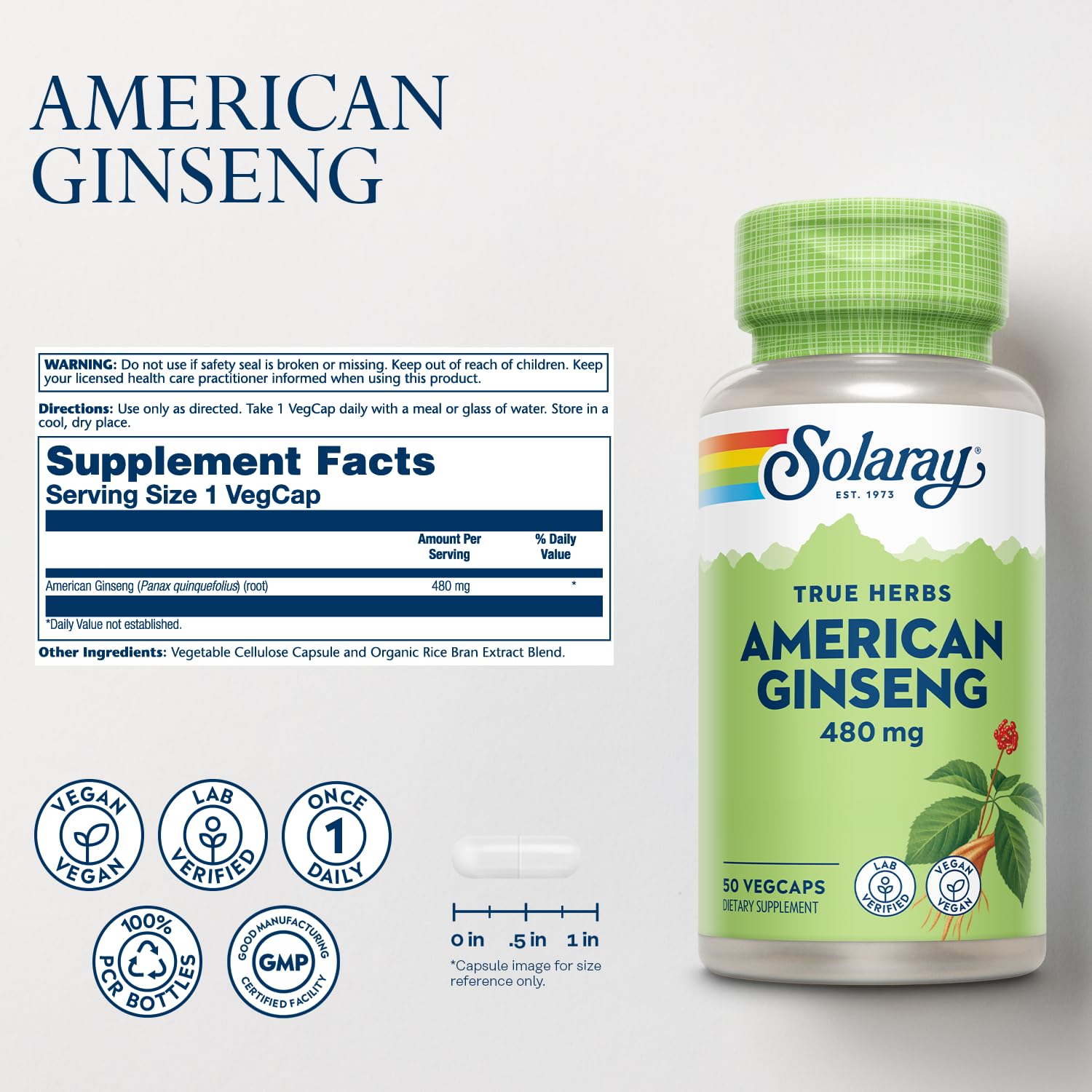 American ginseng capsules bottle displaying 50 VegCaps