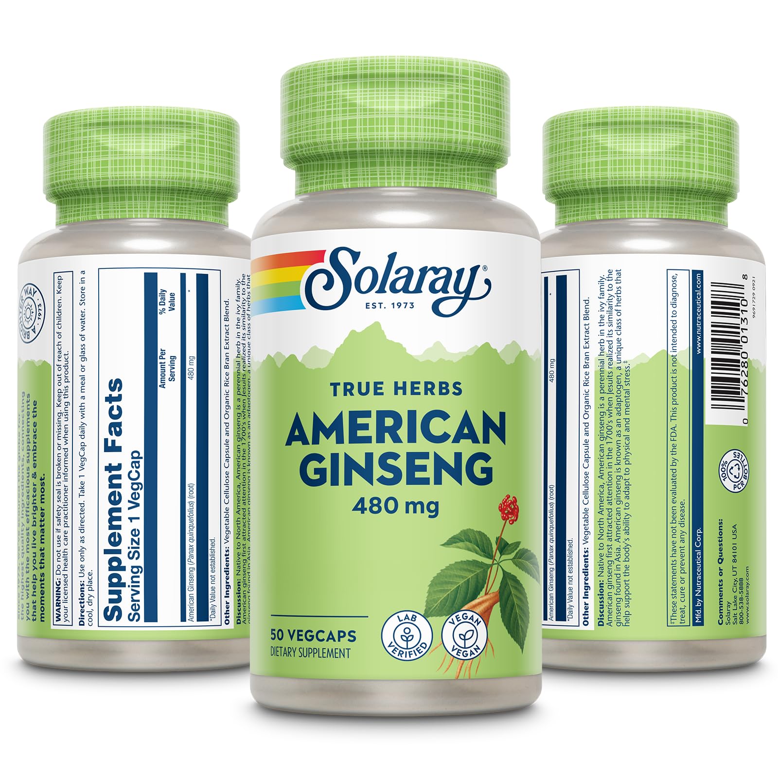 Close-up of ginseng capsules and product bottle