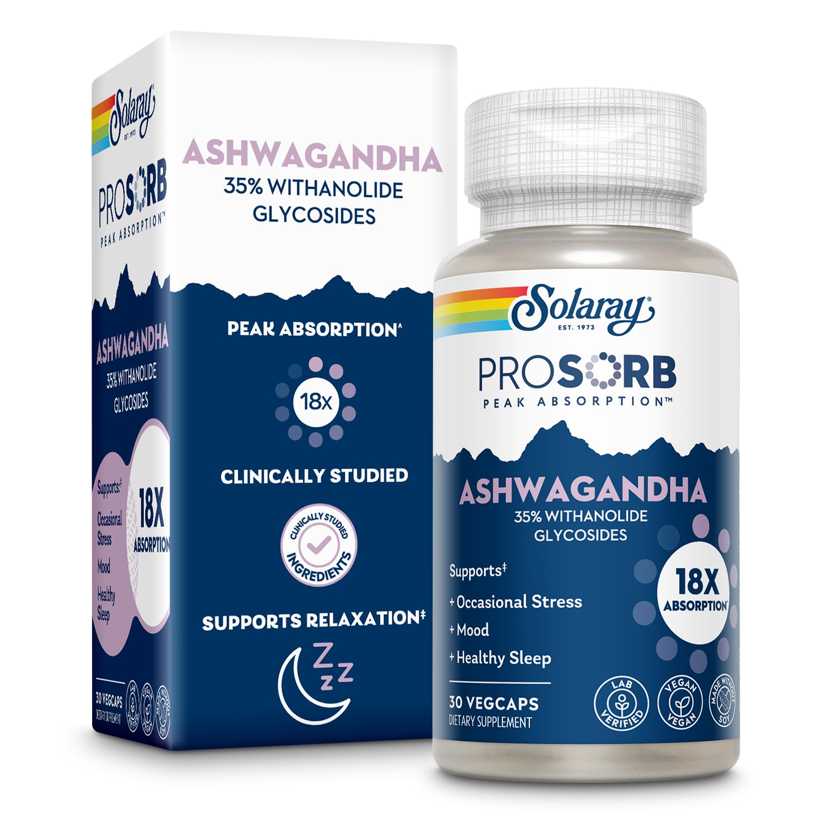 SOLARAY Ashwagandha 18X absorption capsules bottle front view