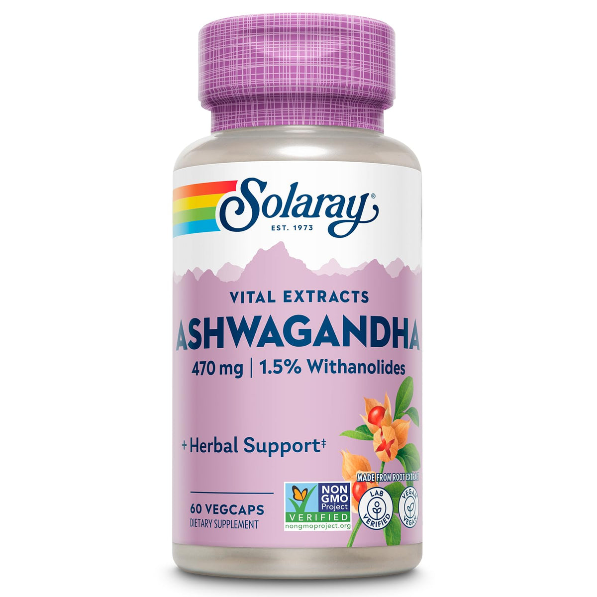 Solaray Vital Extracts Ashwagandha 470mg VegCaps bottle front