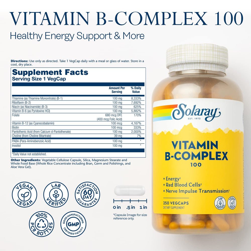 Back view of Solaray B-Complex 100-250 Capsule bottle