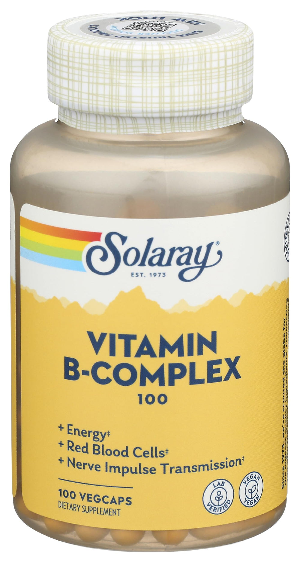 Solaray B-Complex bottle shows 100 mg vitamins for daily energy support