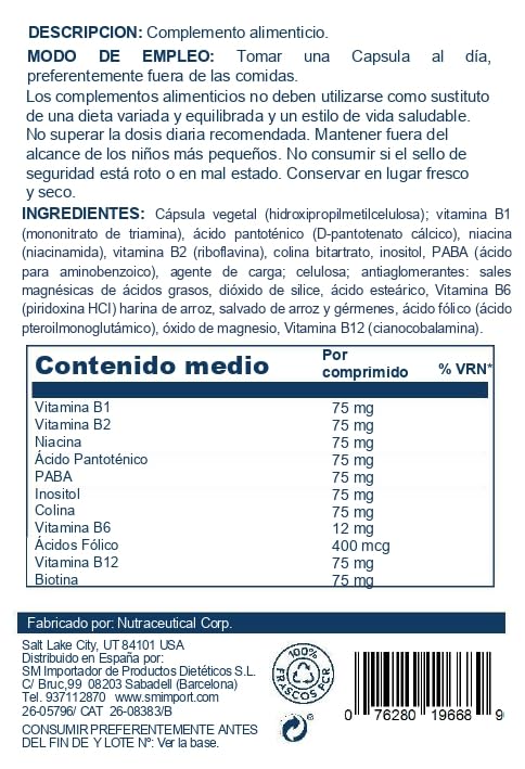 Close-up view of SOLARAY B-Complex 75mg label on bottle