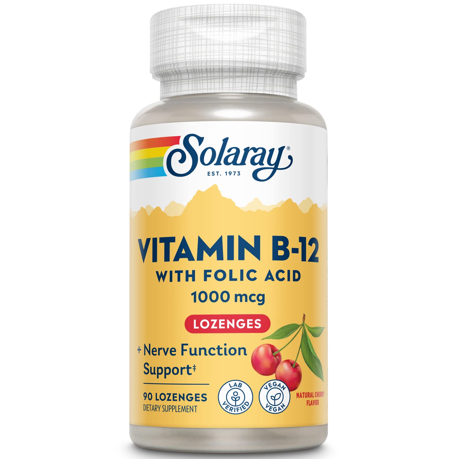 SOLARAY B-12 1000mcg lozenges with folic acid cherry flavor front view