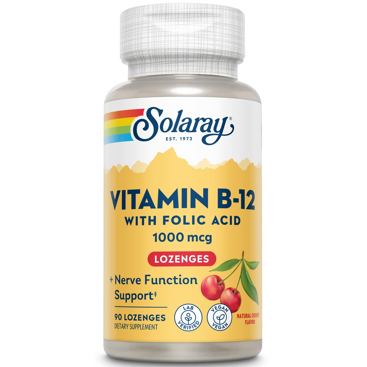 SOLARAY B-12 1000mcg lozenges with folic acid cherry flavor front view