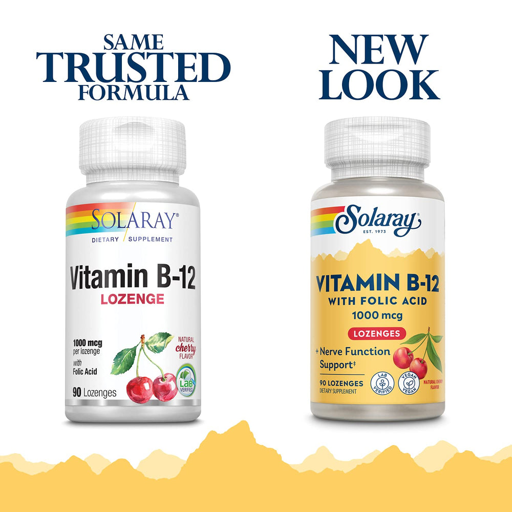 Bottle label showing SOLARAY vitamin B-12 1000mcg lozenges with folic acid
