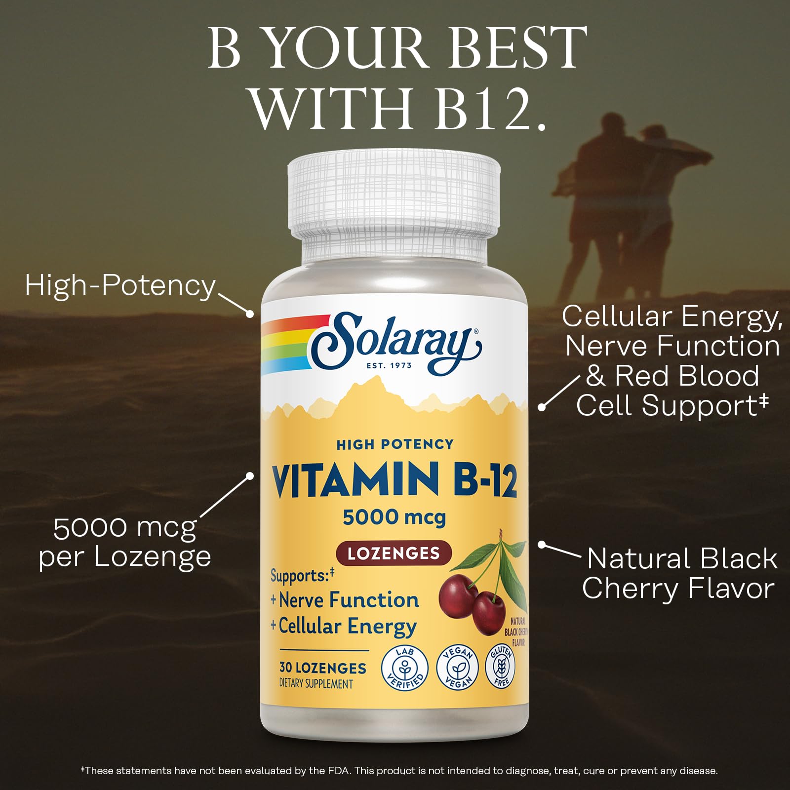 Pack shot of SOLARAY B12 Lozenges 5000 mcg Cherry