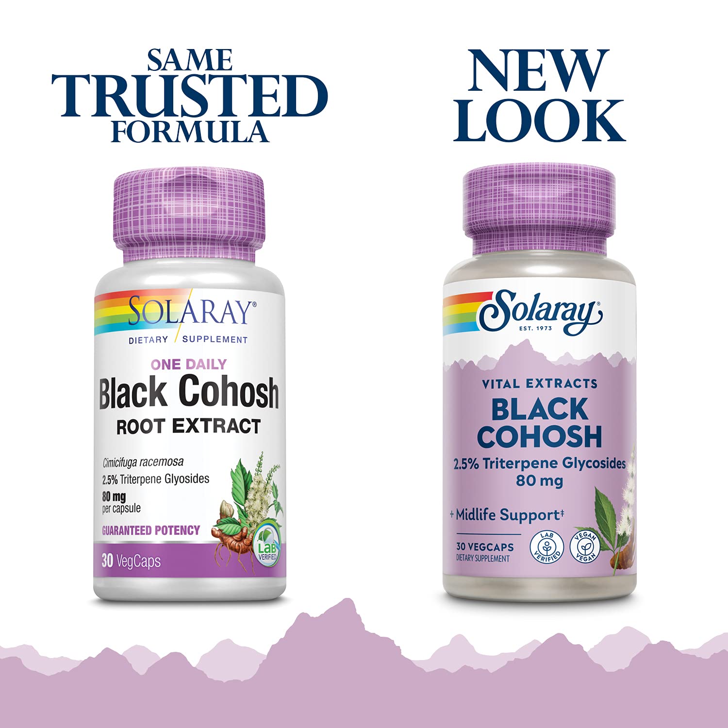 Close-up of SOLARAY Black Cohosh Root Extract 80 mg vegan capsule bottle label