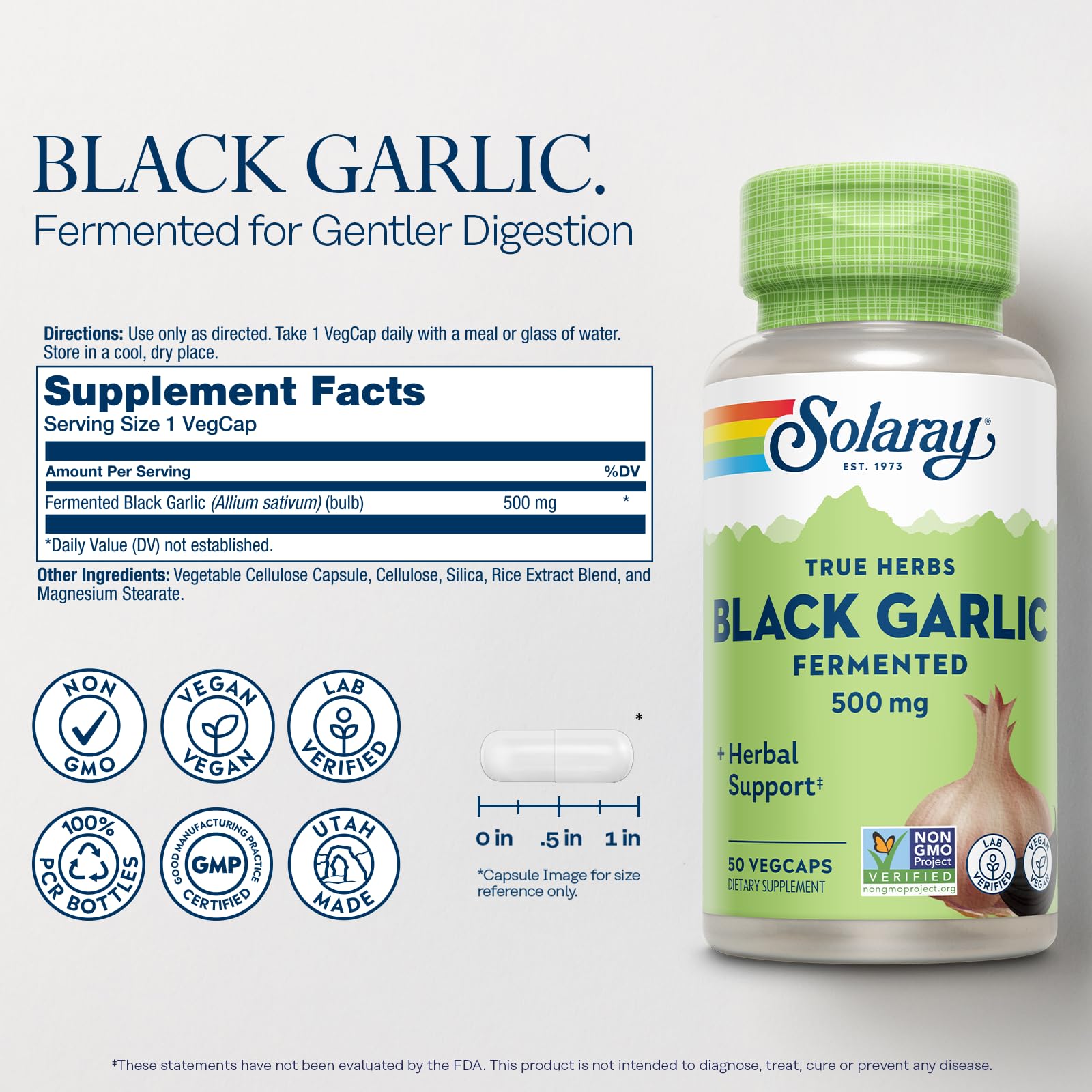 Close-up of Solaray Black Garlic 500 mg capsules