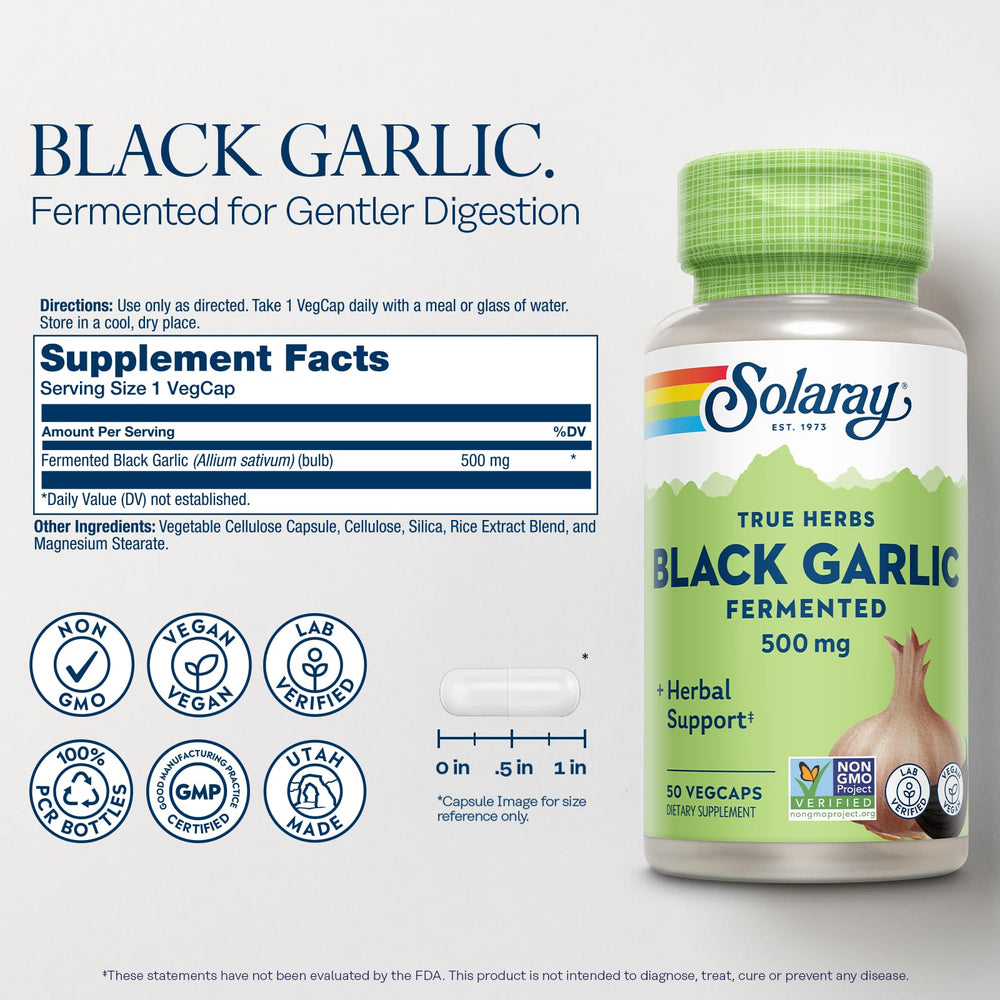 Close-up of Solaray Black Garlic 500 mg capsules