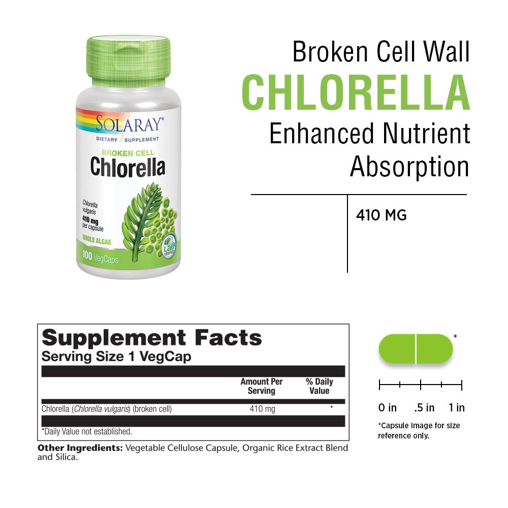 Nutritional label of SOLARAY chlorella bottle showing Non-GMO vegan claim