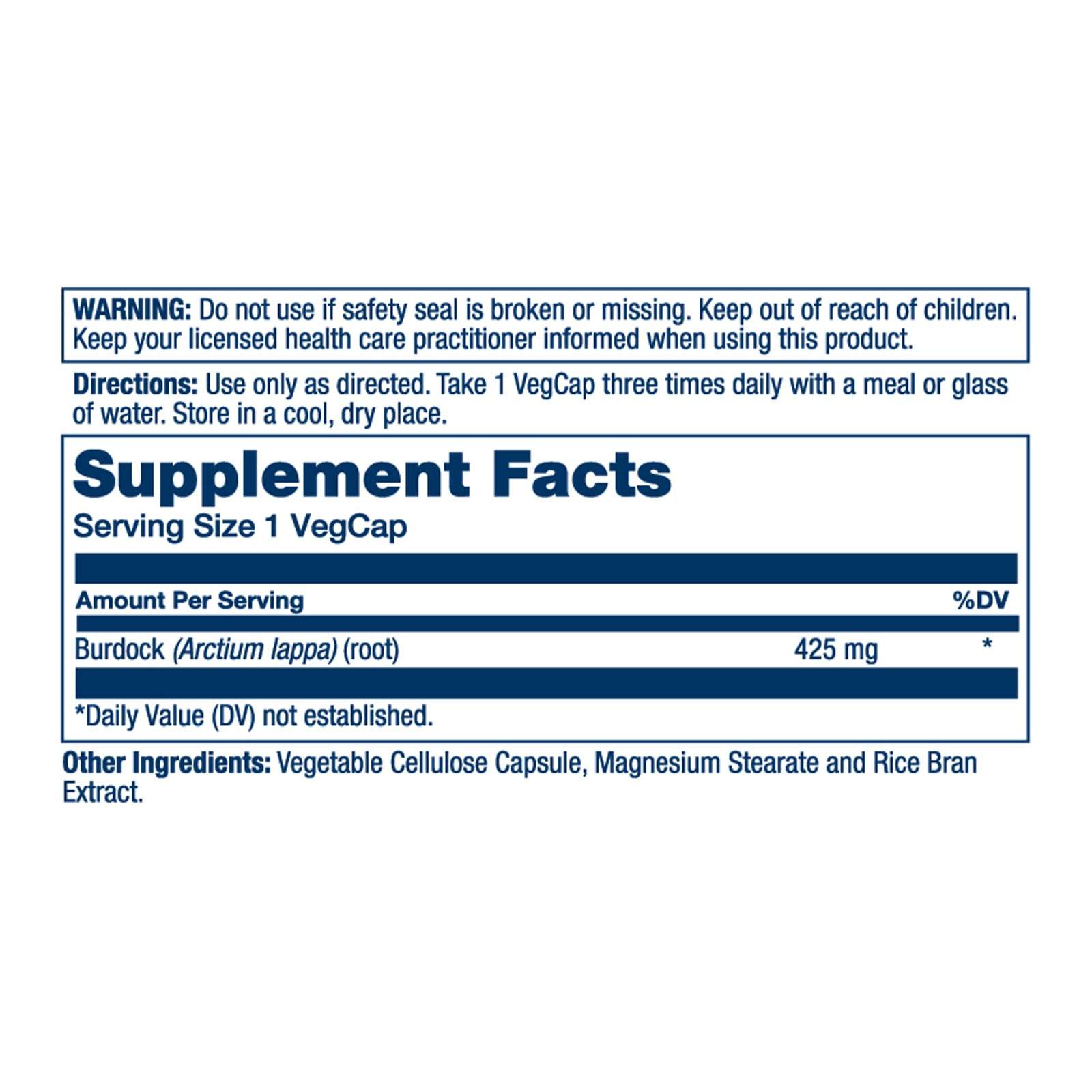SOLARAY Burdock Root 425 mg bottle side label with Non-GMO and 100 VegCaps