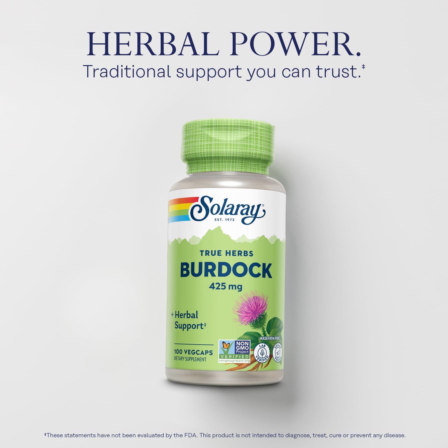 Close-up of Burdock Root 425 mg capsules
