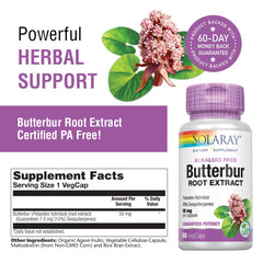 Butterbur root extract label showing ingredients