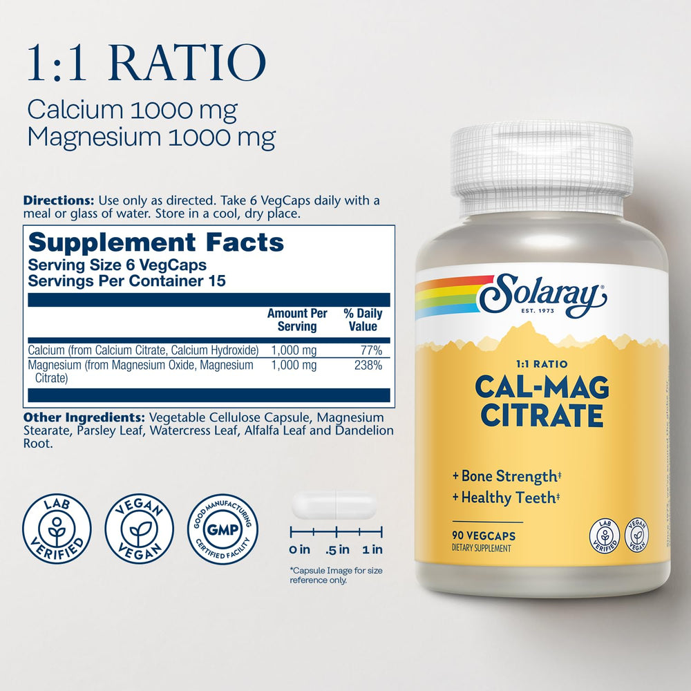 Close-up of Solaray Calcium Magnesium Citrate 1000mg 1:1 ratio capsules