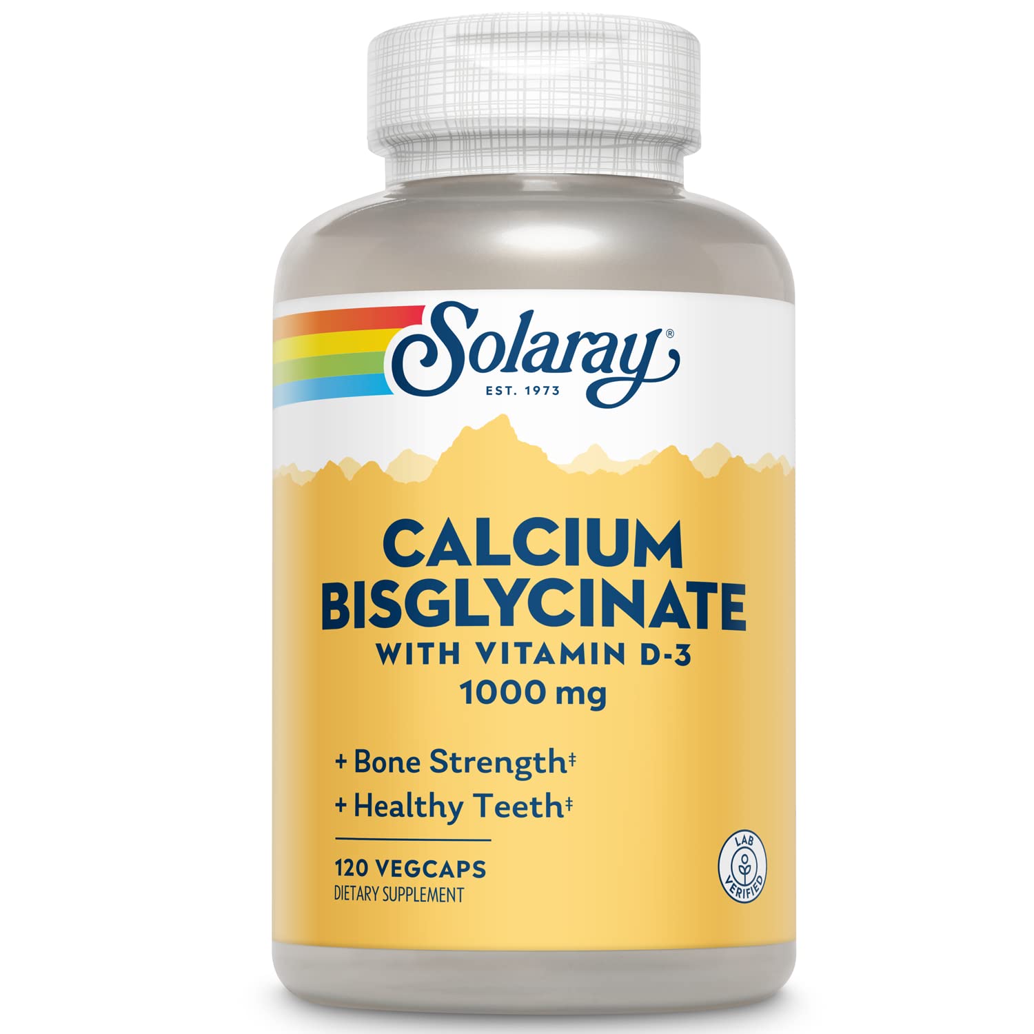 Bottle of Solaray Calcium Bisglycinate 1000mg with Vitamin D-3 showing label