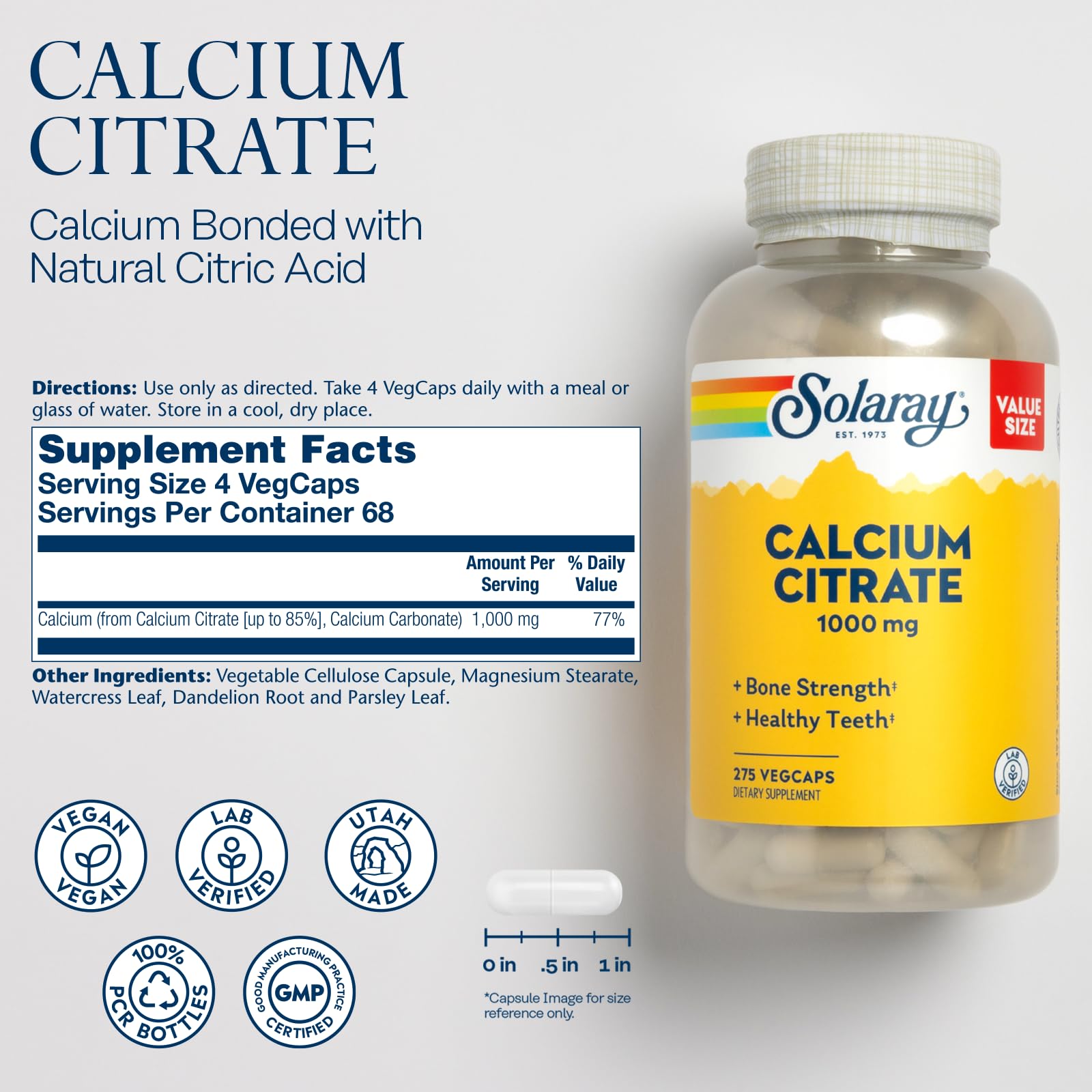 Close up of Solaray Calcium Citrate 1000mg label