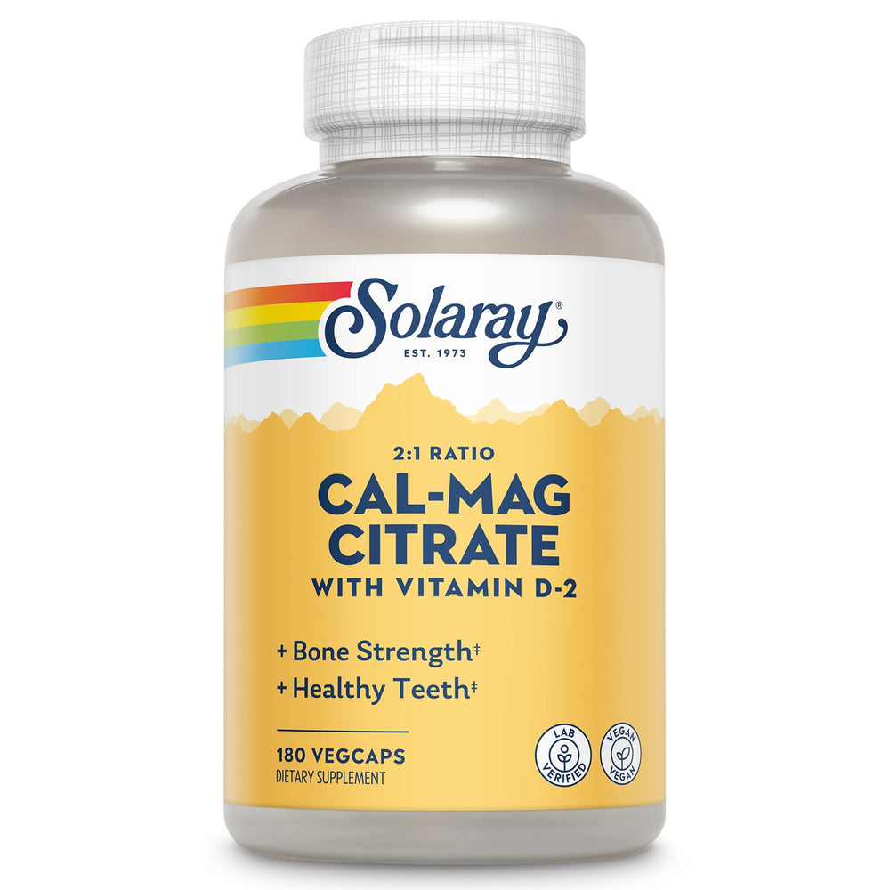 Solaray Calcium Magnesium Citrate 2:1 ratio bottle with 180 vegan capsules