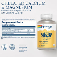 Close-up of SOLARAY bottle label showing calcium magnesium citrate with D3 and K2