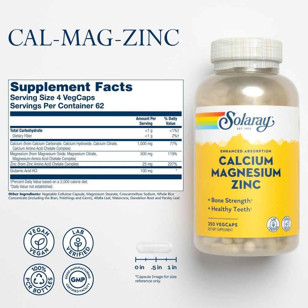 Close-up of Calcium 1000mg and Magnesium 500mg per serving