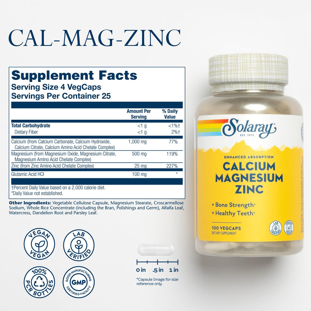 Serving size graphic showing 1000mg Calcium and 500mg Magnesium