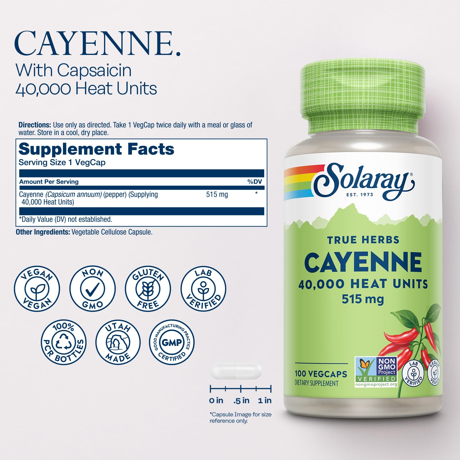 Close-up of Cayenne Pepper Capsule showing 515 mg per serving