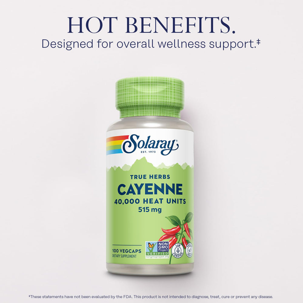 Vegan Non-GMO Gluten-Free certification icons for Solaray Cayenne