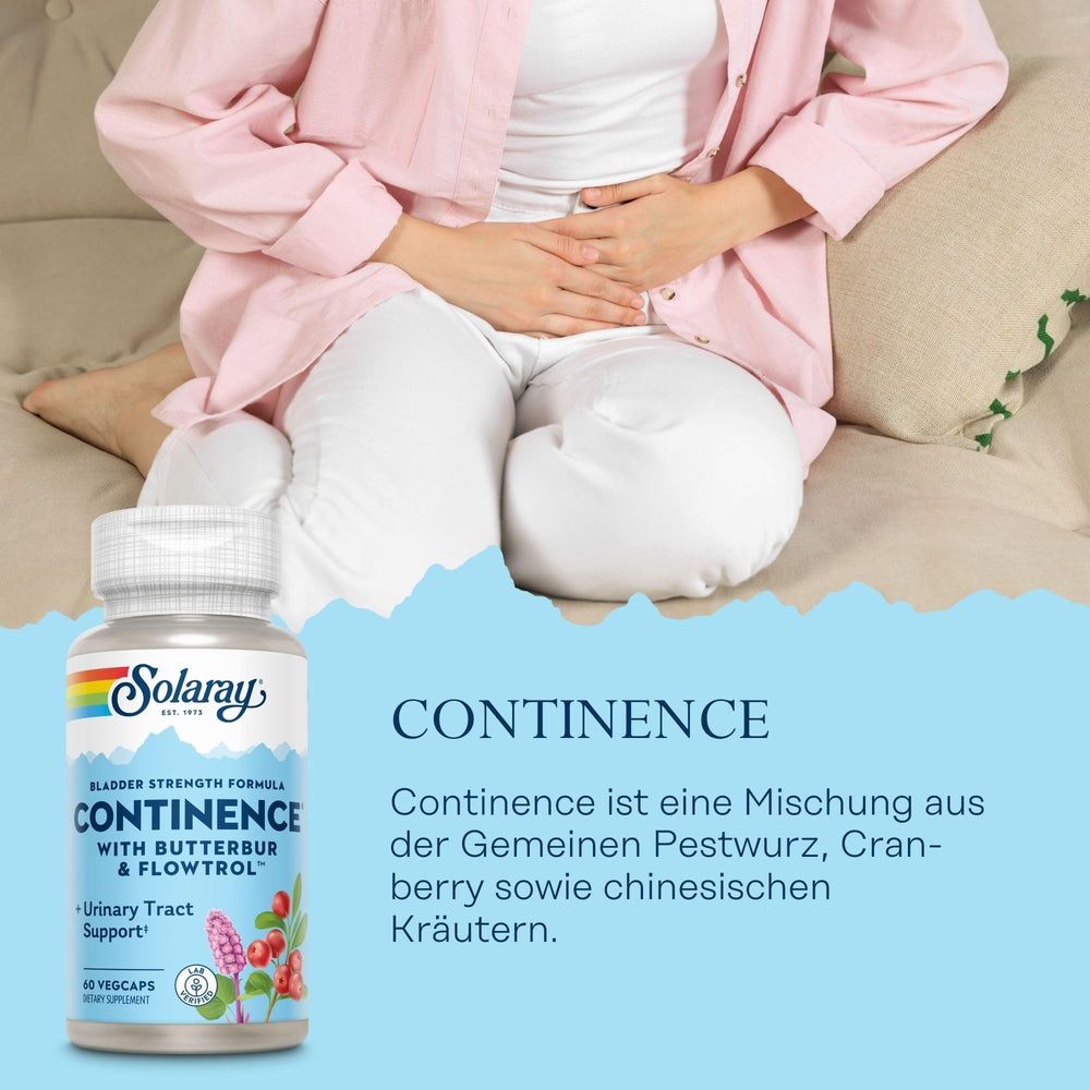 Front label of SOLARAY Continence with Flowtrol Veg Cap bottle