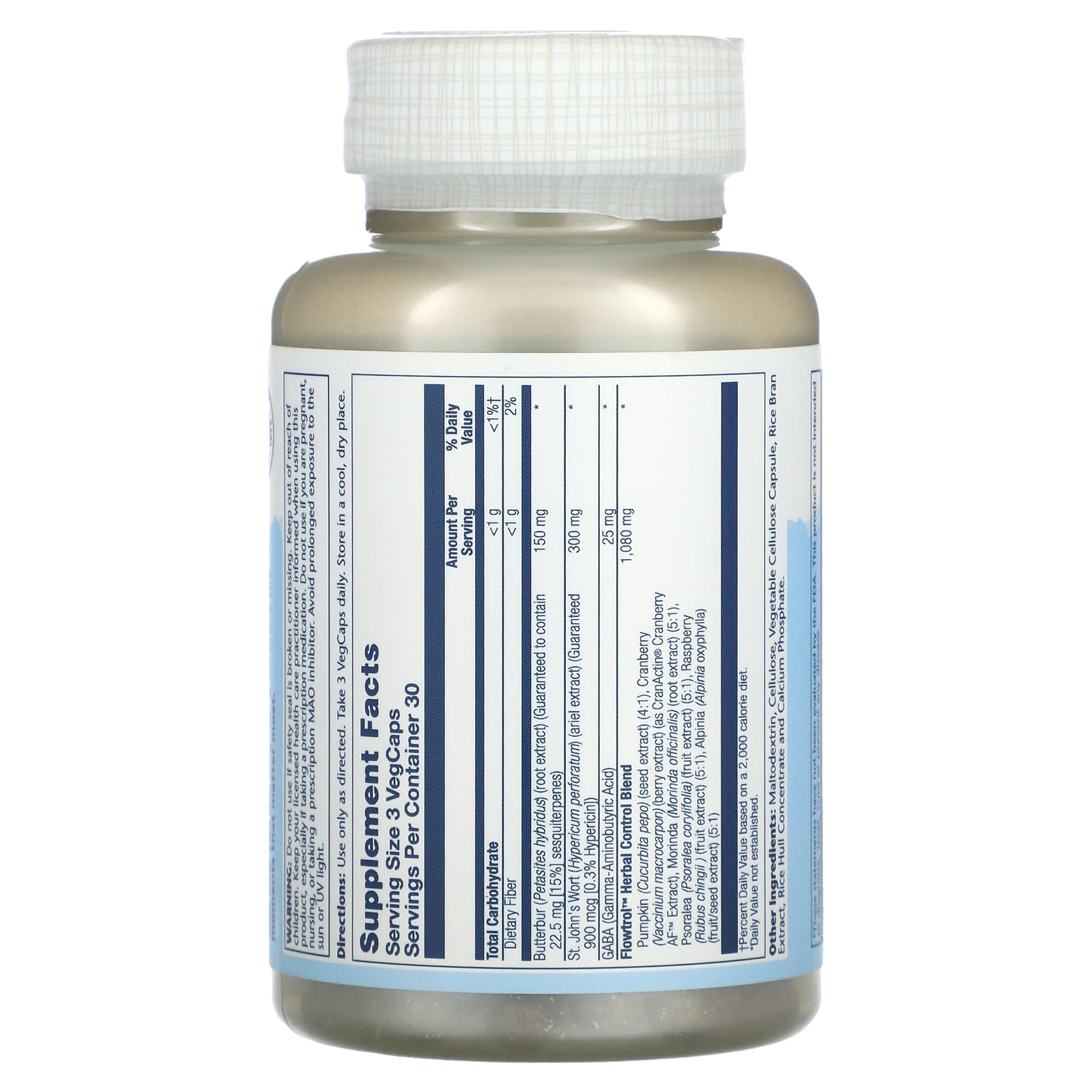 Close-up of Flowtrol Veg Cap capsules and label