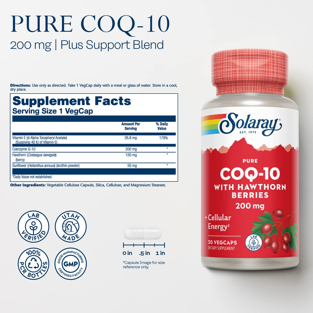 CoQ10 200 mg with Hawthorn berries label close-up