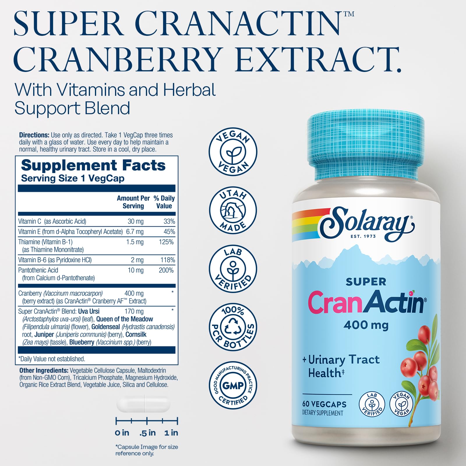 CranActin Cranberry Extract 400mg ingredient panel showing added vitamins