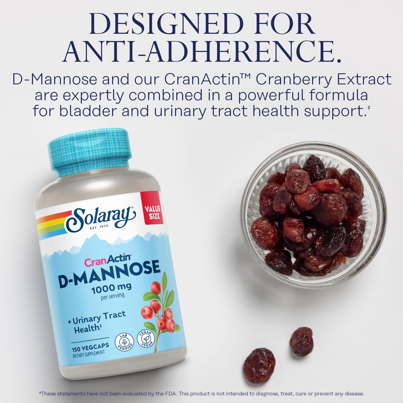 D-Mannose and CranActin Cranberry capsules shown in a bowl