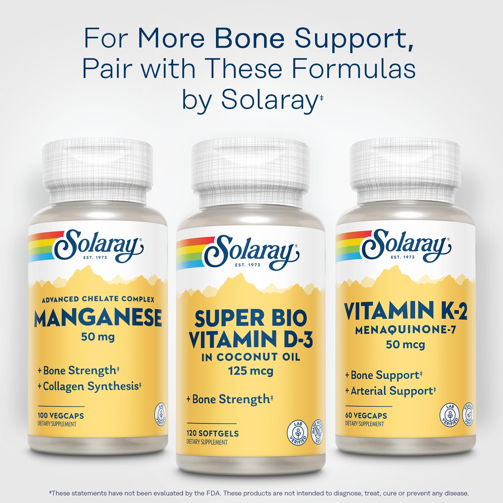 Lab verification seal and sustainability icons for Solaray D3
