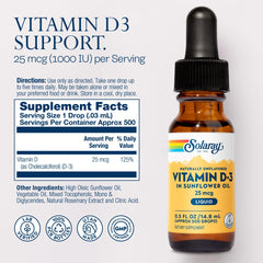 Close-up of the dropper and label showing 25 mcg (1000 IU) per drop