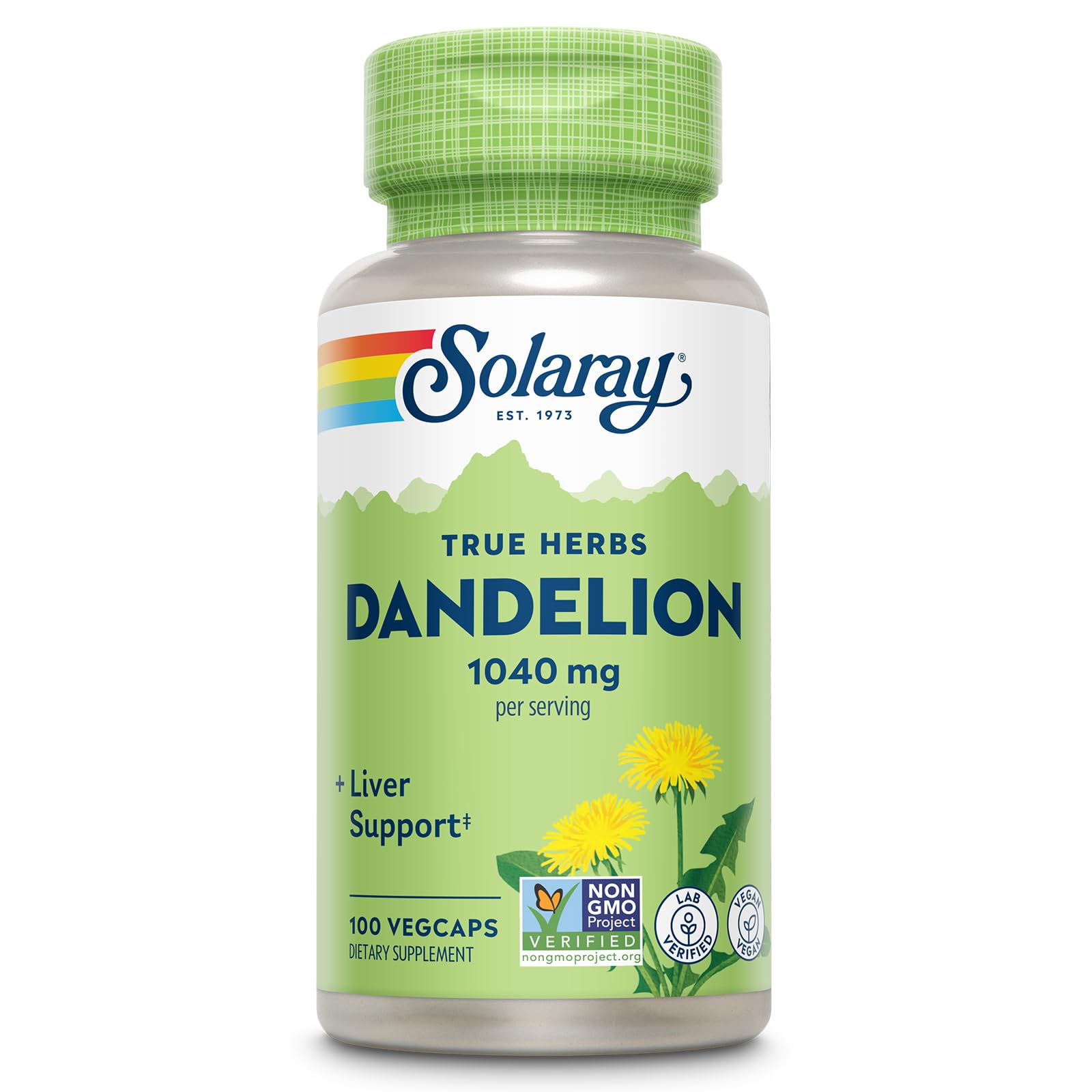 SOLARAY Dandelion Root Supplement bottle with 1,040 mg per serving and 100 vegan capsules