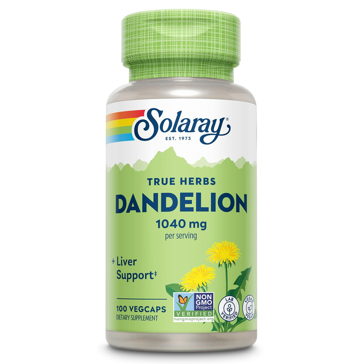 SOLARAY Dandelion Root Supplement bottle with 1,040 mg per serving and 100 vegan capsules