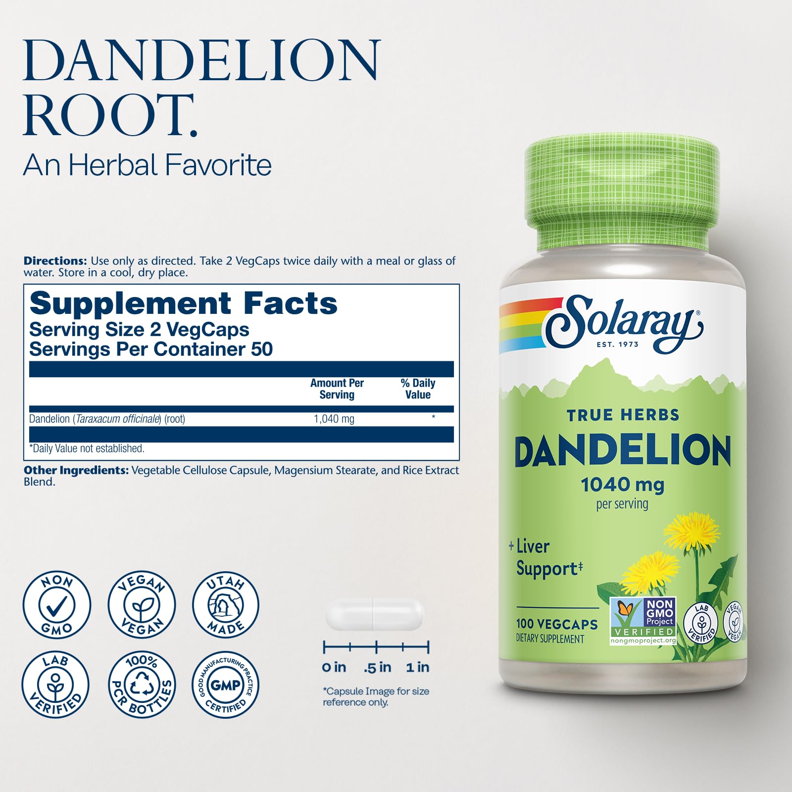 Close-up of the whole-root dandelion root capsules