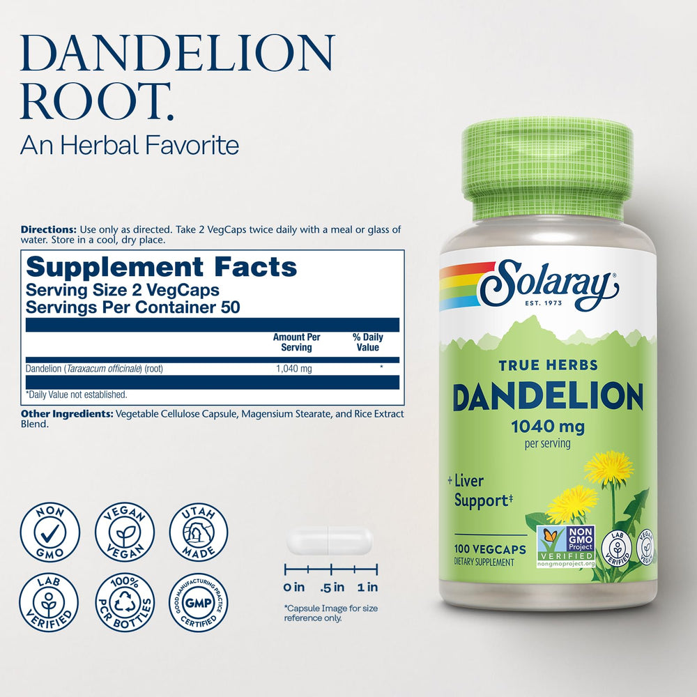 Close-up of the whole-root dandelion root capsules