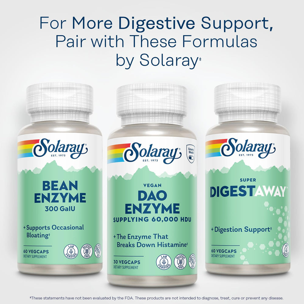 Vegan, gluten-free, lab-verified Solaray DAO Enzyme product information