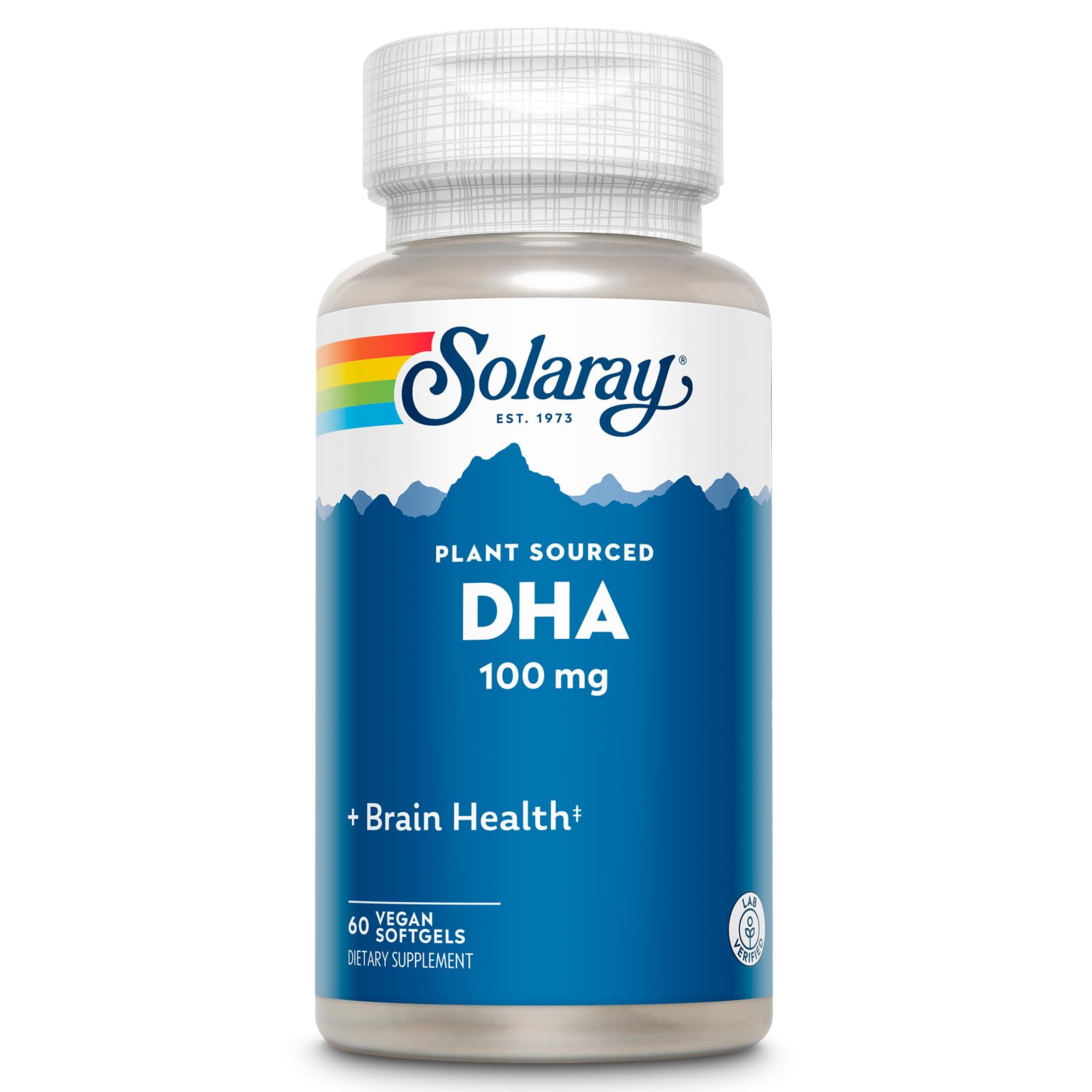 Front view of Solaray DHA 100 mg Omega-3 algae-based softgel bottle