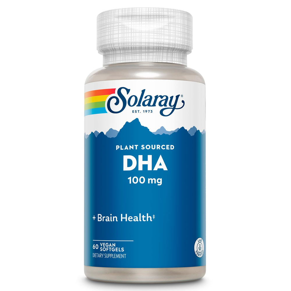 Front view of Solaray DHA 100 mg Omega-3 algae-based softgel bottle