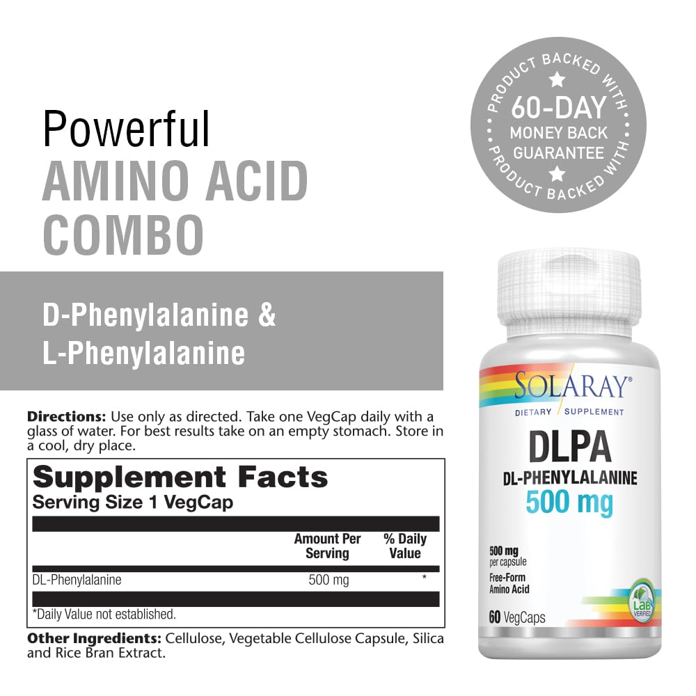 Front view of SOLARAY label on DL-Phenylalanine bottle