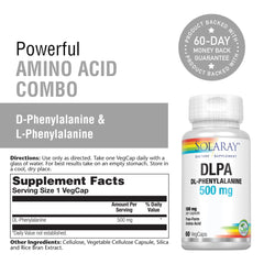 Front view of SOLARAY label on DL-Phenylalanine bottle